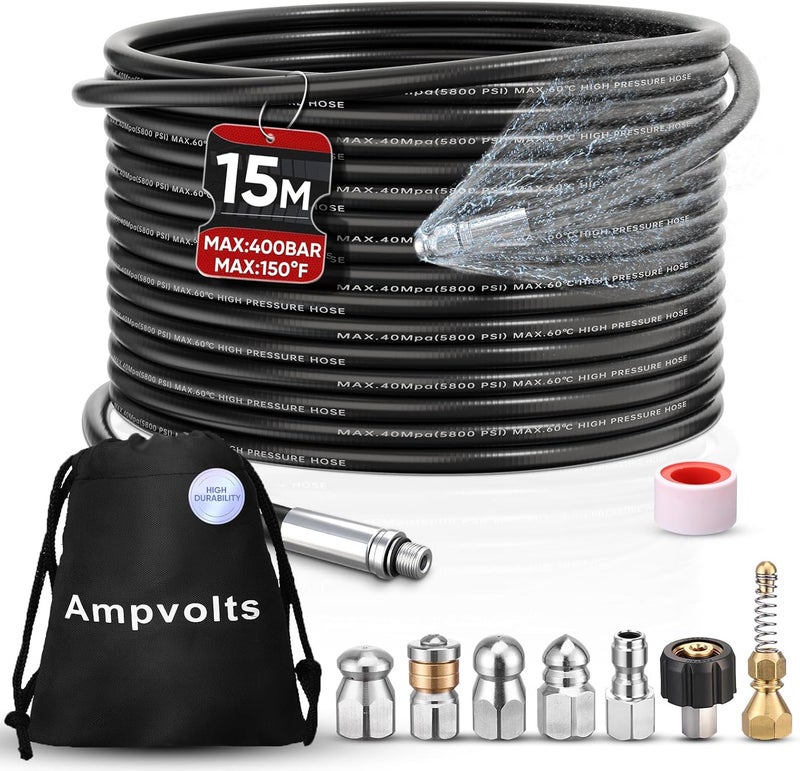 Ampvolts 50FT Sewer Jetter Kit for Pressure Washer, 5800 PSI Drain Cleaning Hose with 5 Jet Nozzles & 2 Adapters, Compatible with Spray Guns and Power Washers, Ideal for Clogged Pipes and Drains - Image 1